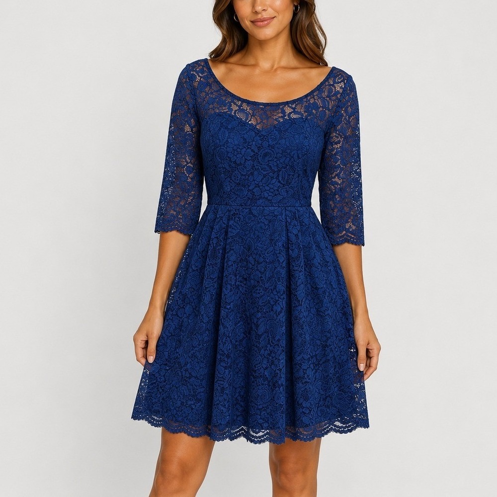 Betsey‎ Johnson Lace Fit & Flare Mini Dress Royal Blue 3/4 Sleeve Floral Party 6
